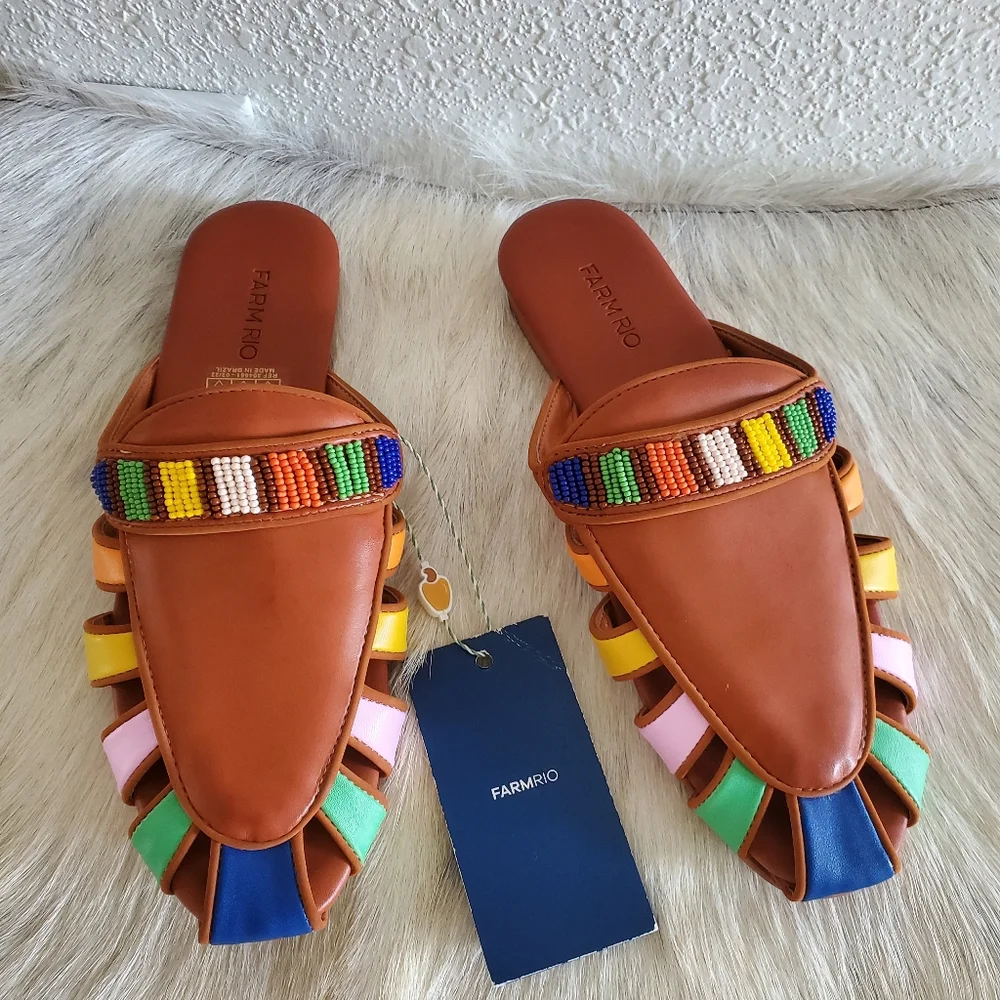 Farm Rio Sandals Sz 8.5 Rainbow Beaded Mule Tan Multicolor Vegan Leather $240 - Picture 3 of 9